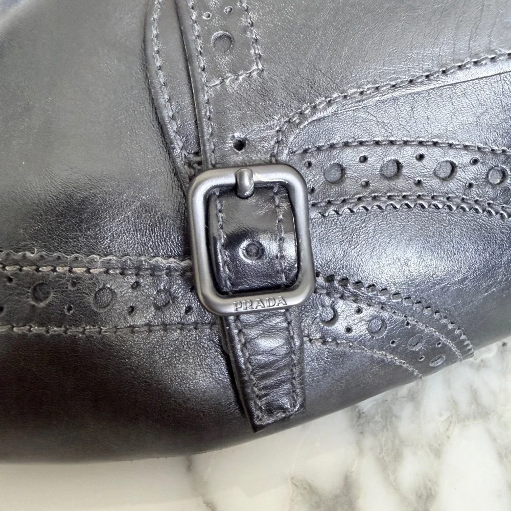 Prada 2EG469‎ Mens Leather Double Monk Strap Wingtip Shoes Grey Black UK 11